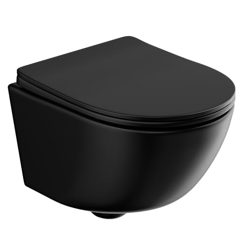 Rainsworth Hänge WC Spülrandlos Toilette - Starker Spülung Kloschüssel inklusive WC-Sitz Absenkautomatik Kompakt Design 48 5 cm lang Einfach zu einigen ideal für Badezimmer-Aufstieg Schwarz
