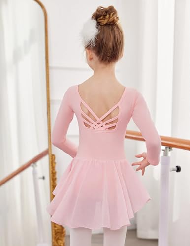 Image of Arshiner Girls Long Sleeve Ballet Leotards with Shinny Skirts Criss-Cross Back Dance Dresses