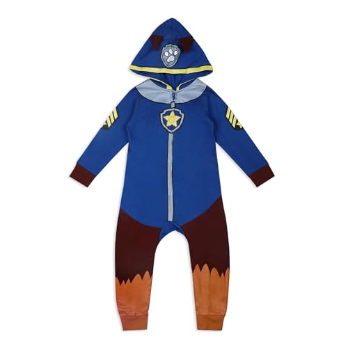 Image of Paw Patrol Nickelodeon Chase Boys’ Zip Up Long Sleeve Hooded Romper for Newborn, Infant and Toddler– Blue/Brown