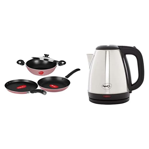 Pigeon by Stovekraft Basics Aluminium Non-Stick Cookware Set, Set of 3 (with one lid), Pink & Amaze Plus 1.5 Litre Electric Kettle, Black Combo