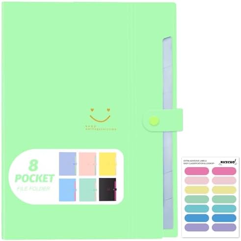 Expanding File Folder, 8 Pockets Accordion File Organizer, A4 Letter Size Paper Document Receipt Organizer Accordian Filing Folder for Classroom, Home, Office and Travel(Grass Green)