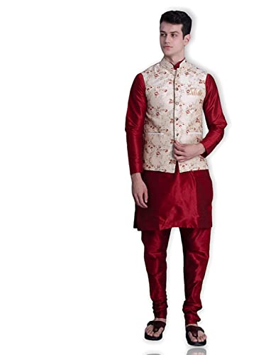 Image of Uri and MacKenzie Men's Silk Blend Kurta Pyjama with Stylish Embroidered Ethnic Jacket