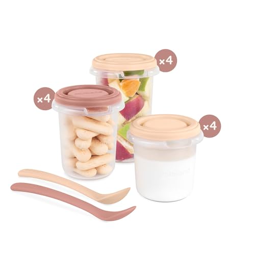 Miniland - Pack de 12 herméticos graduados (4x 200ml, 4x 250ml y 4x 330ml) y 2 cucharas, seguros y aptos para lavavajillas, microondas y congelador. Set 12 tupperware para bebes (Valencia)