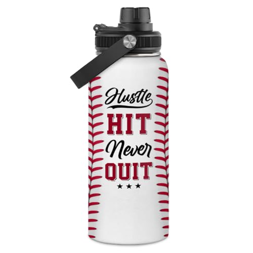 Image of Baseball Water Bottle 32oz Hustle Hit Never Quit Stainless Steel Insulated Bottle for Men Women Sports Lovers Baseball Fans