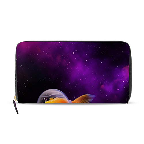 Portefeuille long en cuir femme porte-cartes fermeture éclair motif galaxie astronaute