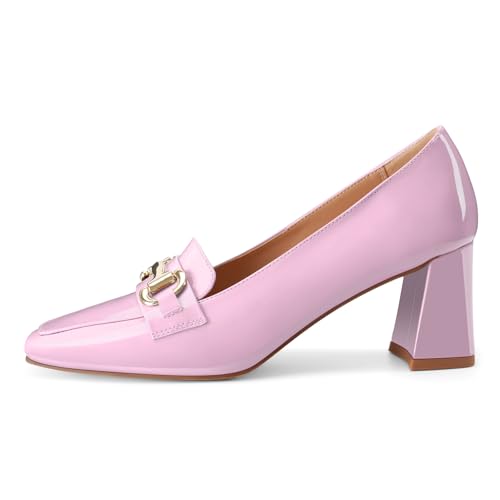 Image of Womens Mid Block Chunky Heeled Loafers Closed Square Toe Patent Leather Comfortable Slip On Pumps Metal Chain Basic Classic Casual Work Office Dress Shoes 2.8 Inches Heels