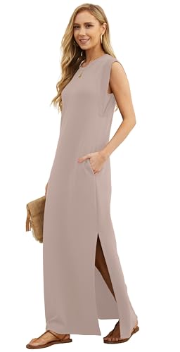 Image of GRECERELLE 2026 Women Year-Round Casual Round Neck Loose Split Wrinkle-Free Long Maxi Vacation Dress with Pockets (XXS-4XL)