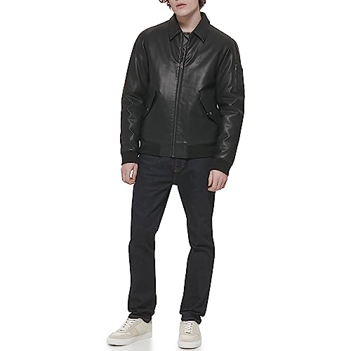 Tommy Hilfiger Men's Faux Leather Bomber Jacket, Black Laydown Collar