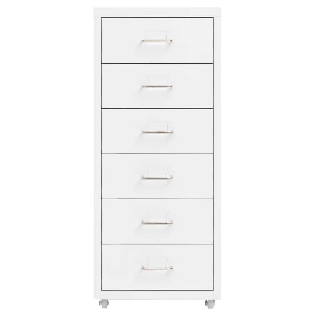 Hängeregistraturschrank aus Stahl mit 6 Schubladen in Weiß, 28 cm Breite für die Büroorganisation, Büro Aktenschrank mit Rollen und Metallkonstruktion