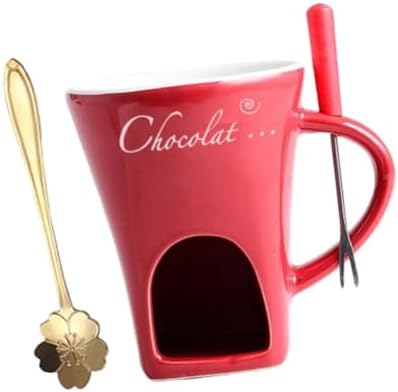 NonMiFyR Chocolate Ceramic Fondue Mug Set Fondue Warmer Bowl with Fork and Spoon for Butter Heating Suitable for, red — view 5