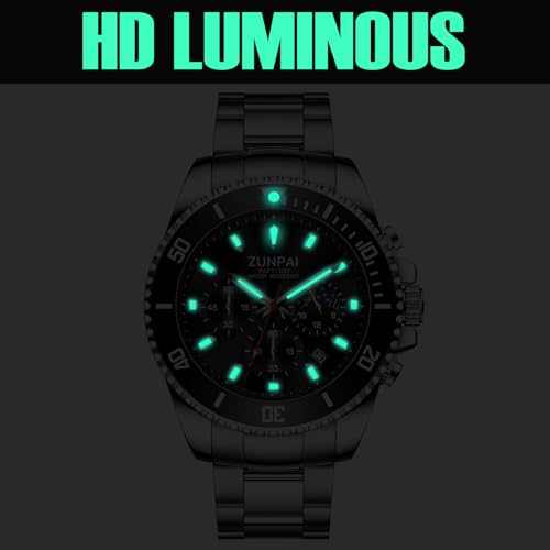 Image of ZUIPAI Moon Phase Watch for Men Chronograph Dial Analog Quartz Wristwatch Luxury Diamond Business Dress Watch with Luminous Waterproof Calendar Stainless Steel Strap