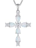 YL Cross Necklace for Women 925 Sterling Silver Halo Gemstone Pendant Created Opal Religious Jewelry for Mom