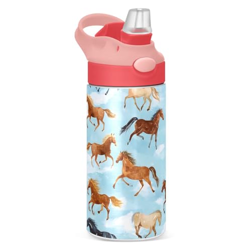 Horse Blue Western Kids Insulated Water Bottle, Toddlers Tumbler Travel Cup with Straw & Handle Stainless Steel Cup for Travel School Girls 12 oz