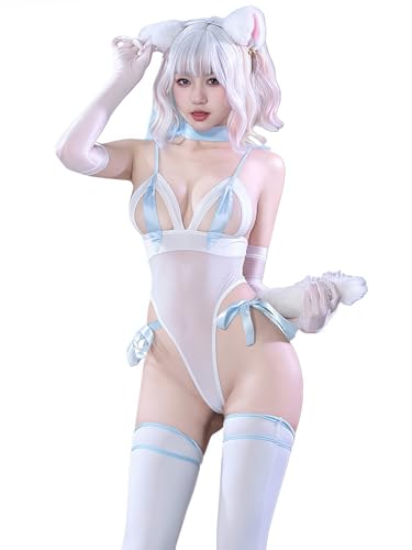 [SENMHS] セクシー 猫女 コスプレ 衣装 レディース 7点セット［カチューシャ・チョーカー・レオタード（オープンクロッチ）・手袋・ストッキング・尻尾付き］ボディコン 仮装 ホワイト ワンサイズ ハロウィン パーティー イベント用 - 画像1