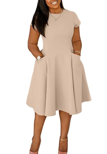 Image of Womens Elegant Casual Short Sleeve Midi Dress Plus Size A Line Work Party Fit and Flare Dress with Pockets