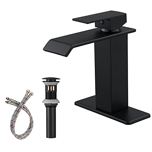 Greenspring Matte Black Bathroom Sink Faucet Waterfall Single Hole Single Handle With Pop Up Drain With Overflow Bath Deck Mount Commercial Modern Bathroom Faucets Mixer Tap Supply Line Lead-Free cUPC