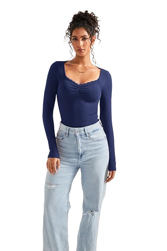 Image of SUUKSESS Women Sweetheart V Neck Long Sleeve Tops Lace Trim Ribbed Modal Fall Going Out Shirts