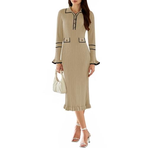 Pink Queen Women's V Neck Bodycon Sweater Dress 2024 Long Sleeve Half Button Slim Fitted Ruffle Ribbed Knit Maxi Pencil Dress Medium Beige