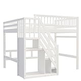 Etagenbett 140x200, Kinderbett Hochbett mit Treppe und Aufbewahrungsschrank, Funktionsbett Doppelbett Stockbett Spielbett Kinderhochbett Jugendhochbett mit Lattenrost, Massivholz, Ohne Matratze, Weiß