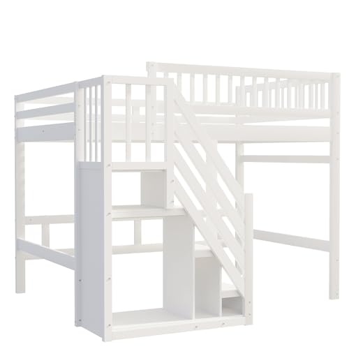 Etagenbett 140x200, Kinderbett Hochbett mit Treppe und Aufbewahrungsschrank, Funktionsbett Doppelbett Stockbett Spielbett Kinderhochbett Jugendhochbett mit Lattenrost, Massivholz, Ohne Matratze, Weiß