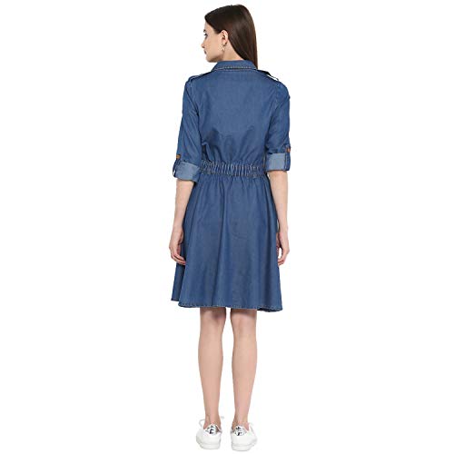 Image of StyleStone (3323DnmCrossBtnDrs Women's Denim Dress with V Neck