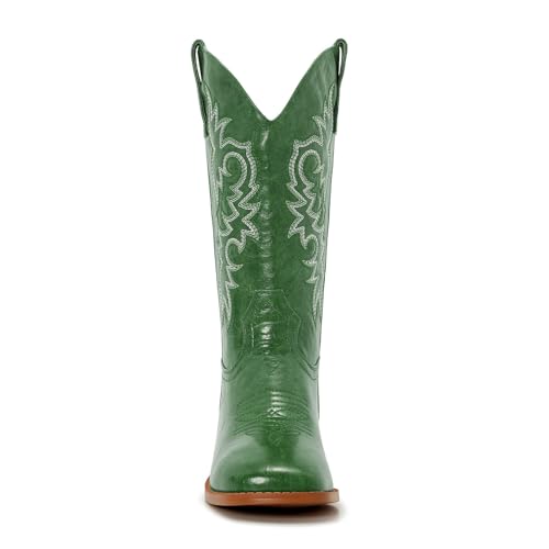 Image of Cowgirl Boots Square Toe Cowboy Boots For Women Ladies Mid Calf Low Heel Flat