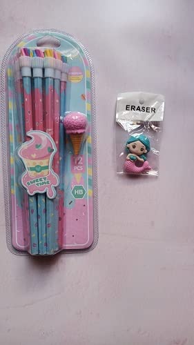 Krupasadhya 12 Pcs HB Pencil Set Pencil With Ice Cream Shaped Eraser Unique Pencil Kit with 1 Fancy Donut/Baby Doll Fish Eraser For Girls & Boys pack of 1