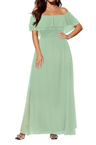 Pinup Fashion Women Plus Size Bridesmaid Dress Sage Green Formal Off Shoulder Wedding Guest Evening Chiffon Ruffle Sleeve Flowy Dress