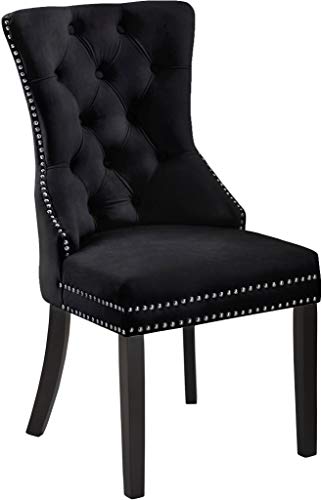 Meridian Furniture Nikki Collection Modern | Contemporary Velvet Upholstered Dining Chair With Wood Legs, Button Tufting, And Chrome Nailhead Trim, Set Of 2, 23" W X 23" D X 40" H, Black #TOP3