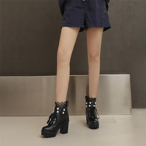 Image of FOREADA Goth Boots Chunky Heel Boot For Women Ankle Combat Booties Black Platform Bootie Buckle Rivets Punk Goth Shoes With Zipper