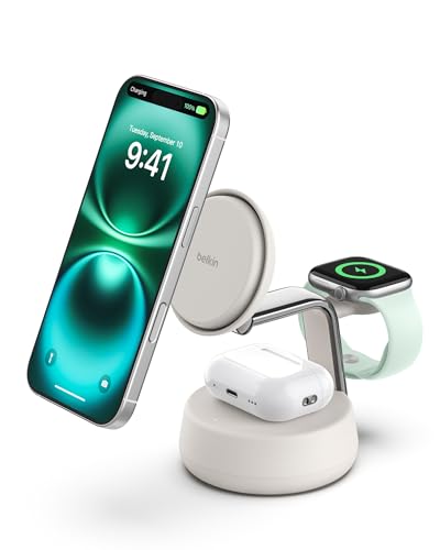 Belkin MagSafe Charger Compatible, 3-in-1 Charging Station, Qi2.2 25W w/Cooling Fan (On/Off Control) Magnetic Wireless Charger for iPhone 17, Apple Watch, AirPods, Pixel 10 (45W Adapter Included)