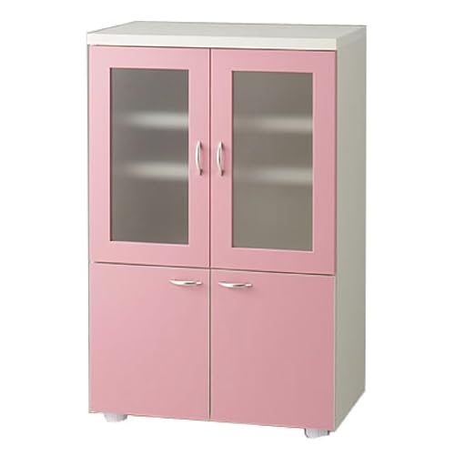 完成品 ロータイプ 稼働棚付き 食器棚 幅60cm ガラス扉 アイボリー ピンク (Pink)