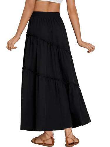 OPOIPIN Women's High Elastic Waist Ruffle Tiered Flowy Beach Summer A-Line Maxi Skirt2