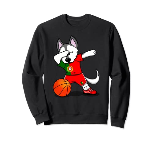 Funny Dabbing Husky Dog Portugal Basketball Fans Jersey Flag Sweatshirt, Black