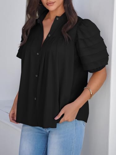 Tankaneo Womens Puff Short Sleeve Button Down Shirts Cotton Pleated Babydoll Blouses Trendy Casual Loose Fit Tops4