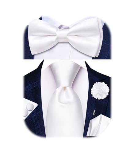 Image of Hi-Tie 5Pcs Mens Solid Color Silk Tie Satin Pretied Bowtie Lapel Pin for Men Handkerchief Cufflink Wedding Gift Box