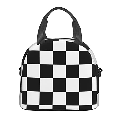 Black White Checkered Print Lunch Bag Checkerboard Reusable Insulated Lunch Tote Bag Lunch Box Container With Adjustable Shoulder Strap For Office Work School Picnic Travel #TOP1