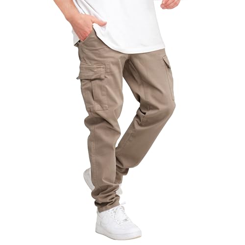 THWEI Cargo Pants for Men Casual Drawstring Joggers Cotton Work Sweatpants Multi Pockets Light Coffee S