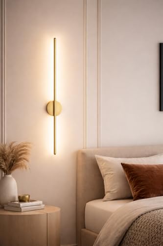 Image of SAH Modern LED Gold Wall Light Vertical Metal Wall Lamp Soft & Bright LED 3 Step Color Changing, Ambient Lighting Ideal for Living Room, Bedroom, Hallway, Bathroom and Home Decoration
