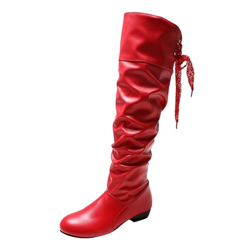 Bottes longues femme à talons carrés en similicuir plissé rétro chic