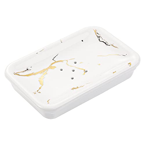 Shinowa Ceramic Soap Dish,Double Soap Holder with Drain,Porcelain Self Draining Soap Dish,Bar Soap Holder for Shower Bathroom Kitchen,Keeps Soap Dry,Easy Cleaning, White