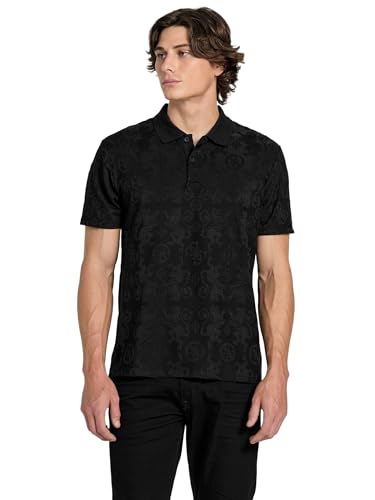 GUESS Mens Eco Short Sleeve Recycled Tonal Jacquard Knit Polo, Jet Black, Large