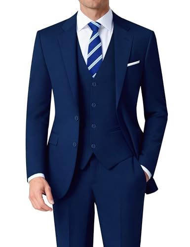 Wedding Suits for Men Slim Fit 3 Piece Navy Blue Tuxedo Suit Set Short Fit Mens Jacket Tuxedo Stretch for Business, Wedding, Prom, Party (Short, 42S)