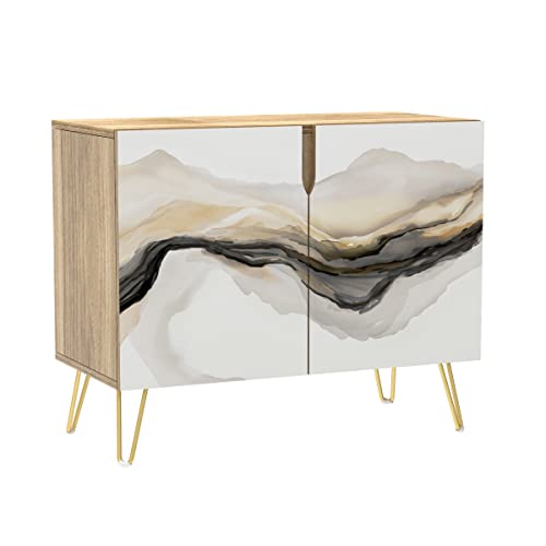 Signwin Sideboard Buffet Cabinet, Kitchen Storage Cabinet With 2 Doors, Gold White Geometric Mountain, Cupboard Console Table For Dining Room - 35" L X 18" W X 29" H #TOP6