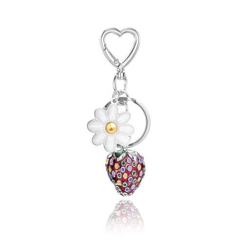 Bag Charms for Women Decorative Heart-Shaped Keychain Purse Charm for Handbags, Silver Chain with Green Apple, Strawberry