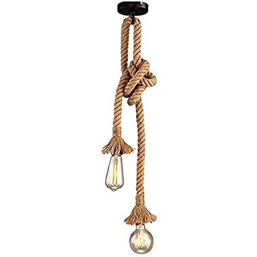 Mengjay E27 Lampes Suspendues Vintage Lustres Corde De Chanvre Suspendu Plafonnier Suspension Rétro Industriel Lustre Pays éclairage Style Pour Restaurant Bar Café Sans Ampoule (2 Douille,50+50cm) Cover