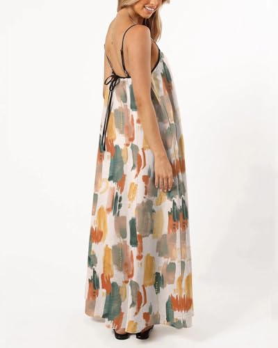 Image of Senllen Women's Linen Dress Summer Loose Flowy Sundress Contrast Spaghetti Strap Sleeveless Backless Beach Maxi Long Dresses