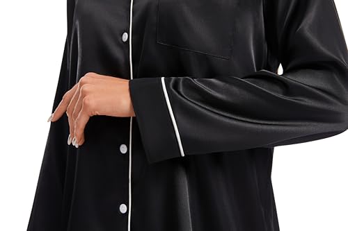 Devirld Women's Classic Long Sleeve Satin Pajamas Set Button Down Silky Sleepwear 2 Piece Lounge Set Pj Set with Notch Collar Black - image 6