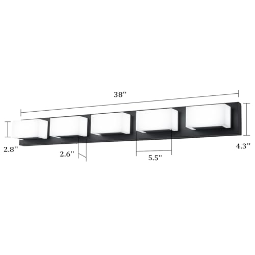 Image of Lingkai LED Bathroom Vanity Light Fixtures 38-Inch 35W Matte Black Modern Bathroom Light Fixtures Over Mirror with Rotatable Vanity Lights Heads Cool White 6000K Bath Wall Lighting Fixtures