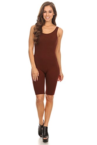 Women's Sleeveless Stretch Bodycon Skinny Solid Sport Short Unitard Romper Jumpsuits Brown Large
